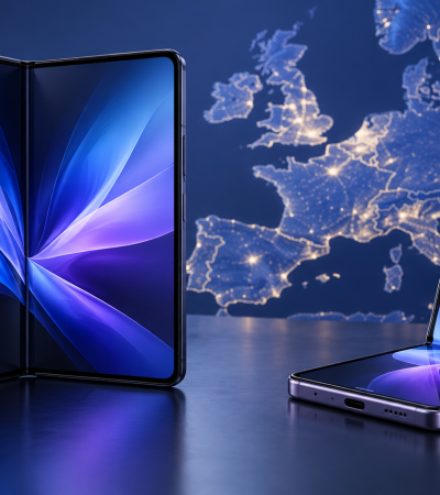 Illustrazione di smartphone pieghevoli davanti a una mappa europea