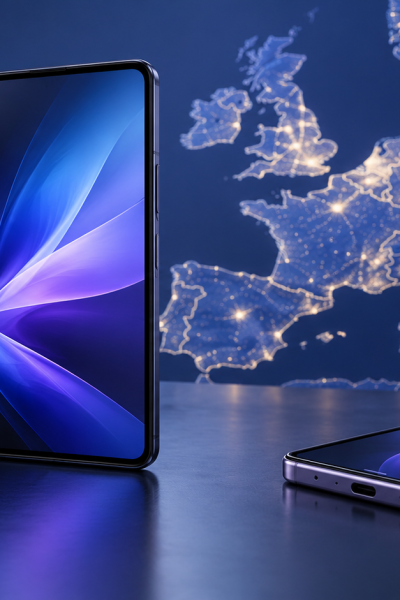 Illustrazione di smartphone pieghevoli davanti a una mappa europea