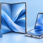 Illustrazione di smartphone pieghevoli e simbolo di sconto per le promozioni Samsung