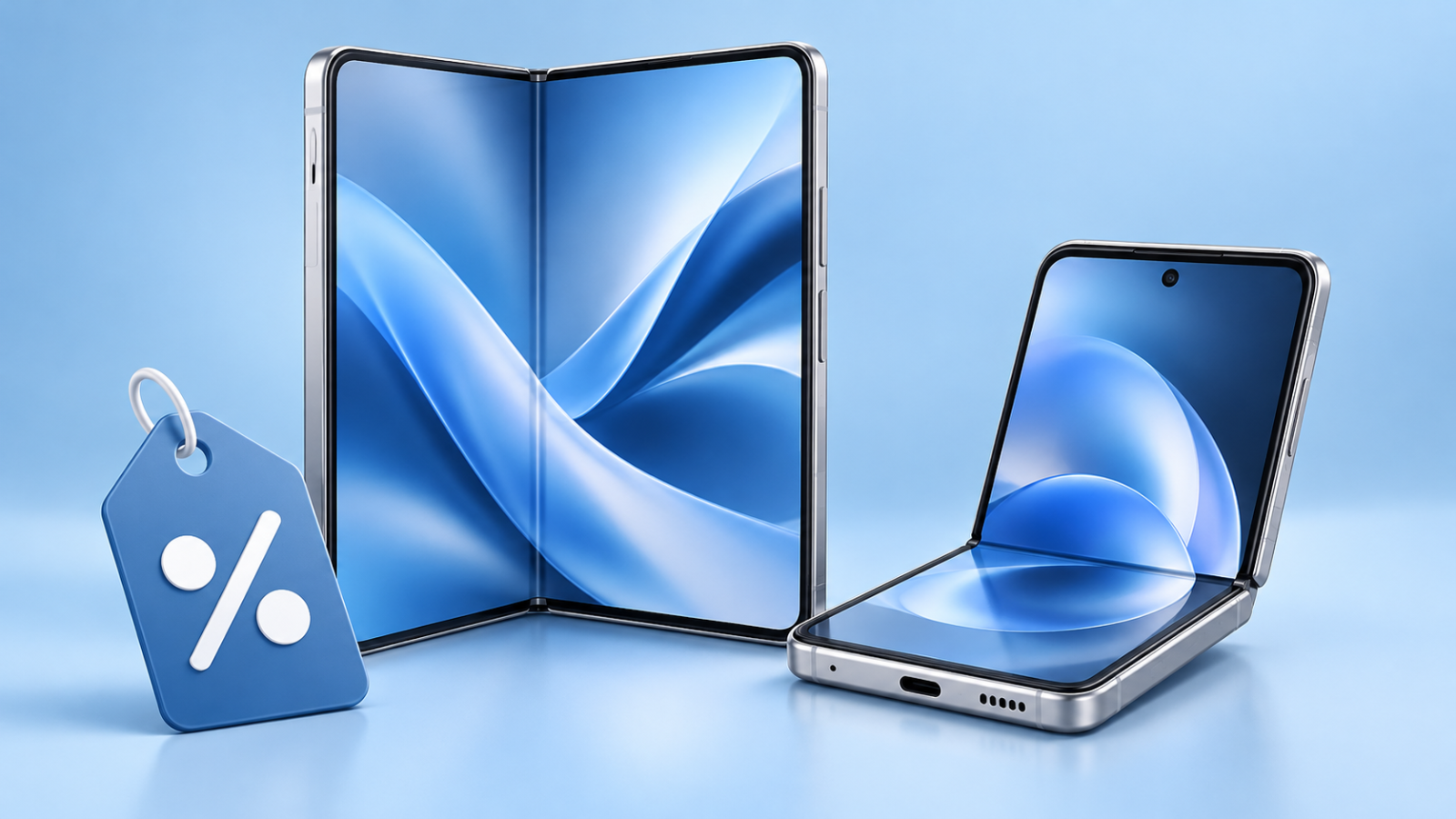 Illustrazione di smartphone pieghevoli e simbolo di sconto per le promozioni Samsung