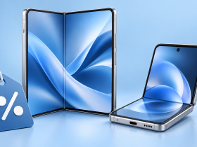 Illustrazione di smartphone pieghevoli e simbolo di sconto per le promozioni Samsung
