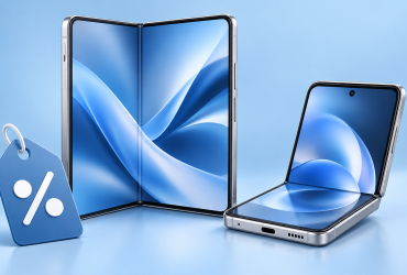 Illustrazione di smartphone pieghevoli e simbolo di sconto per le promozioni Samsung