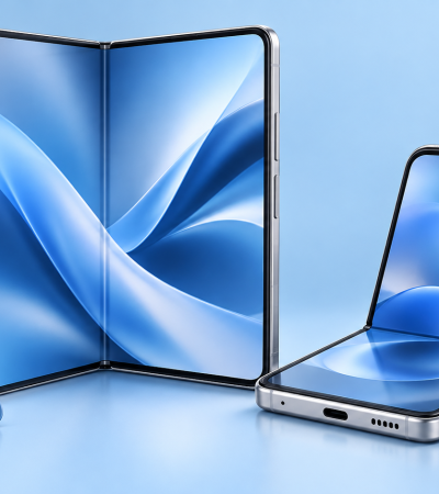 Illustrazione di smartphone pieghevoli e simbolo di sconto per le promozioni Samsung