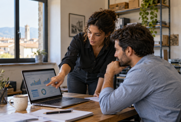 Investo Digitale: professionisti valutano software in una PMI, illustrazione creata con AI