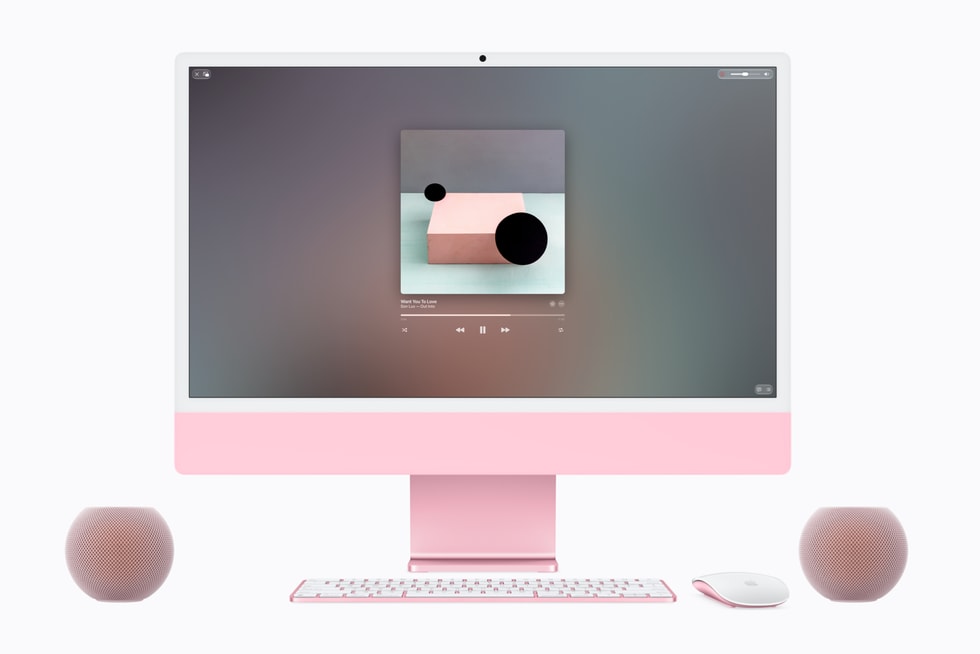 Due HomePod mini 2 rosa collegati a un iMac