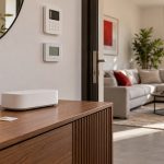 Illustrazione di una casa con router, SIM, termostato e tastierino di allarme