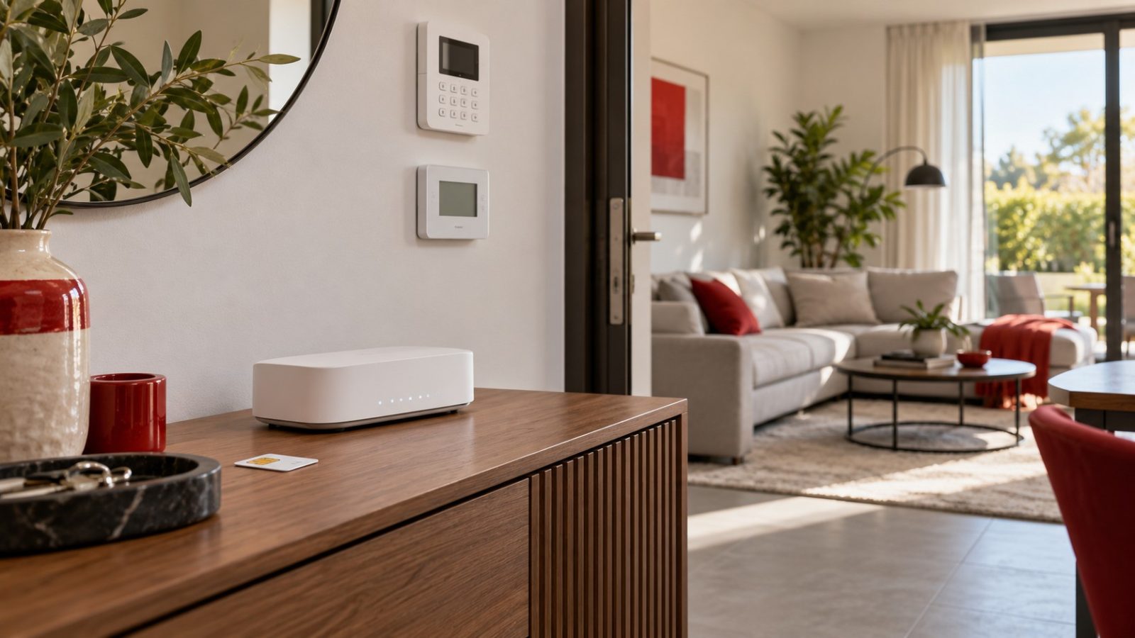 Illustrazione di una casa con router, SIM, termostato e tastierino di allarme