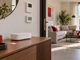 Illustrazione di una casa con router, SIM, termostato e tastierino di allarme