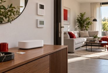 Illustrazione di una casa con router, SIM, termostato e tastierino di allarme