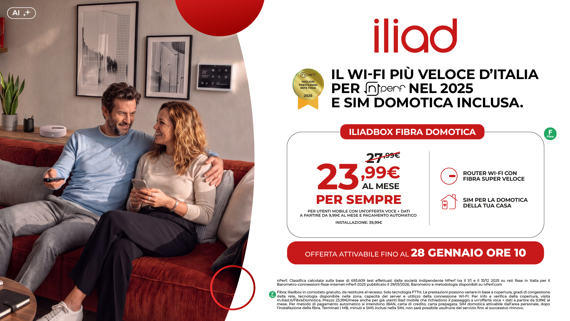 Offerta iliadbox Fibra Domotica con SIM inclusa e canone scontato di 23,99 euro