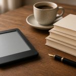 Un e-reader appoggiato su una scrivania di legno accanto a una pila di libri, una tazza di caffè e una penna stilografica
