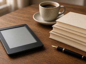 Un e-reader appoggiato su una scrivania di legno accanto a una pila di libri, una tazza di caffè e una penna stilografica