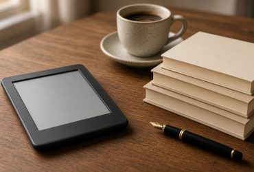Un e-reader appoggiato su una scrivania di legno accanto a una pila di libri, una tazza di caffè e una penna stilografica
