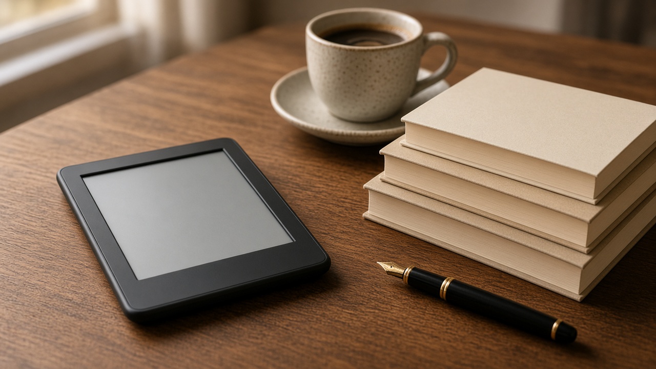 Un e-reader appoggiato su una scrivania di legno accanto a una pila di libri, una tazza di caffè e una penna stilografica