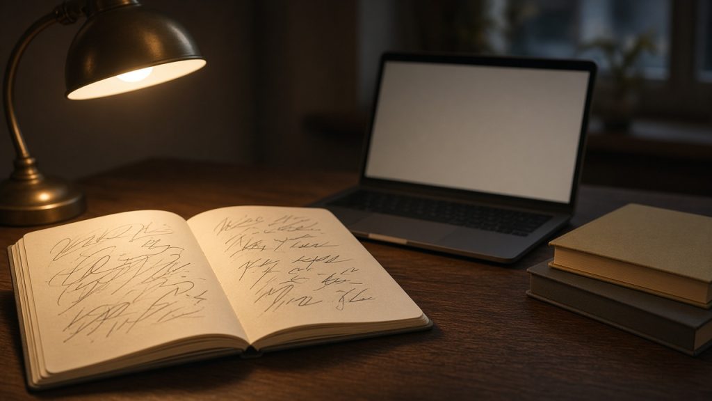 Un quaderno aperto con appunti scritti a mano accanto a un portatile e ad alcuni libri su una scrivania illuminata da una lampada