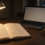 Un quaderno aperto con appunti scritti a mano accanto a un portatile e ad alcuni libri su una scrivania illuminata da una lampada