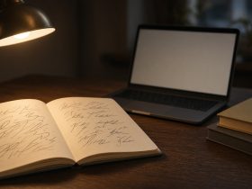 Un quaderno aperto con appunti scritti a mano accanto a un portatile e ad alcuni libri su una scrivania illuminata da una lampada