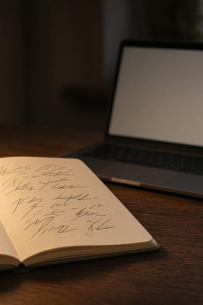 Un quaderno aperto con appunti scritti a mano accanto a un portatile e ad alcuni libri su una scrivania illuminata da una lampada