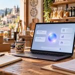 Banco di una piccola impresa con assistente AI su laptop, illustrazione creata con IA