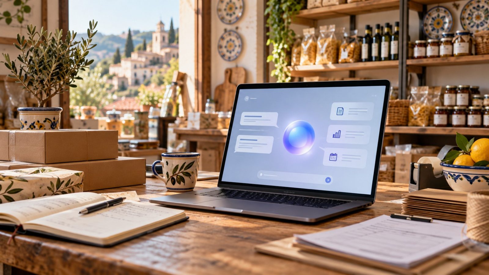 Banco di una piccola impresa con assistente AI su laptop, illustrazione creata con IA