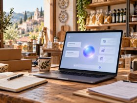 Banco di una piccola impresa con assistente AI su laptop, illustrazione creata con IA