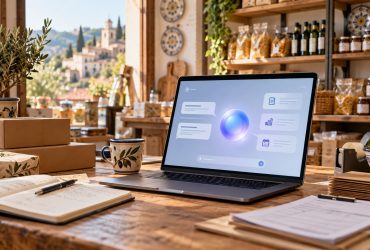 Banco di una piccola impresa con assistente AI su laptop, illustrazione creata con IA