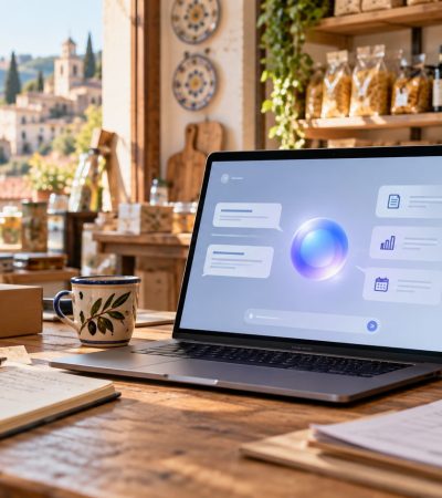 Banco di una piccola impresa con assistente AI su laptop, illustrazione creata con IA
