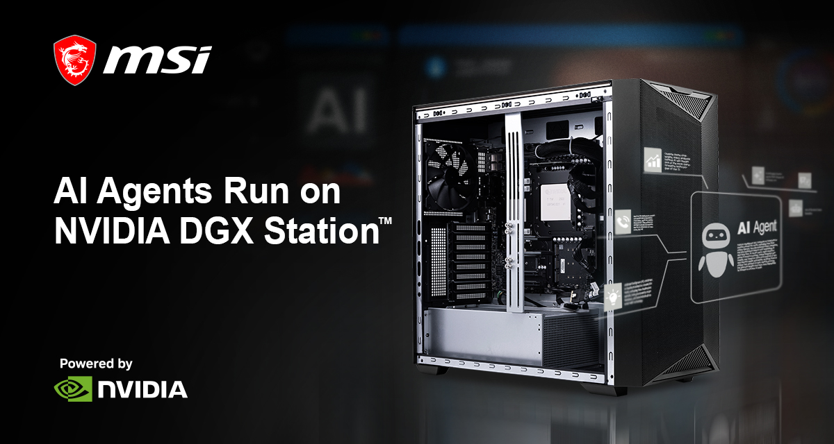 MSI XpertStation WS300 aperta con i componenti interni, per eseguire agenti AI su NVIDIA DGX Station