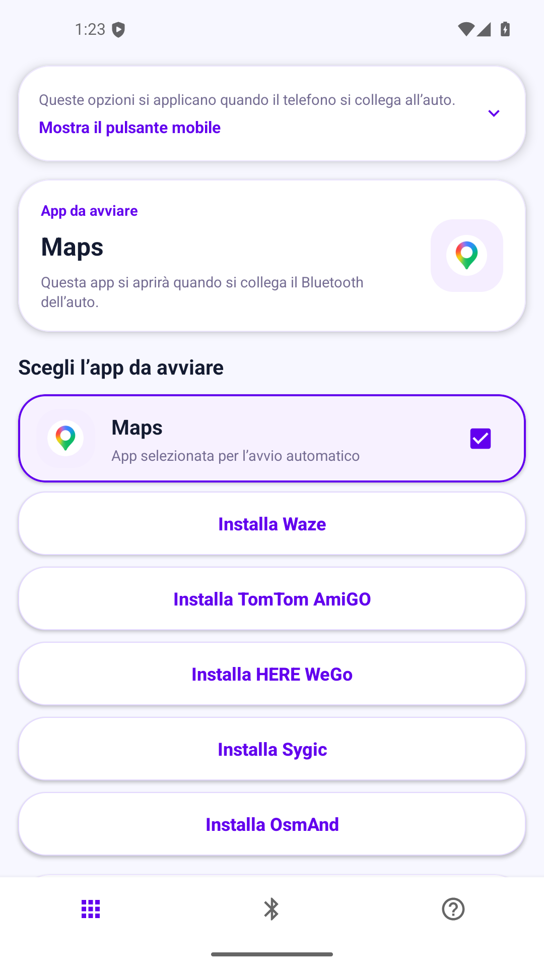 Navi AutoRun: schermata per scegliere l'app da avviare al collegamento Bluetooth dell'auto