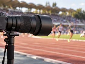 Teleobiettivo professionale a bordo pista: immagine illustrativa generata con IA, non il prodotto Nikon