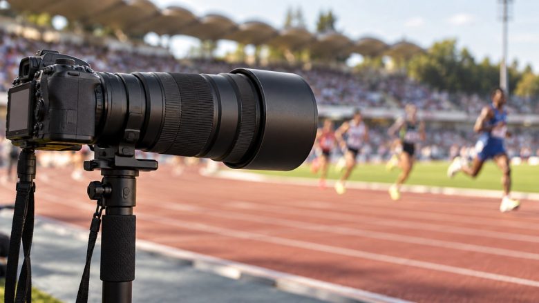 Teleobiettivo professionale a bordo pista: immagine illustrativa generata con IA, non il prodotto Nikon