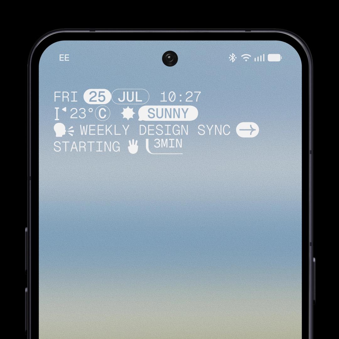 Quadrante Micrographics di Nothing OS 5.0 con data, ora, meteo e appuntamenti