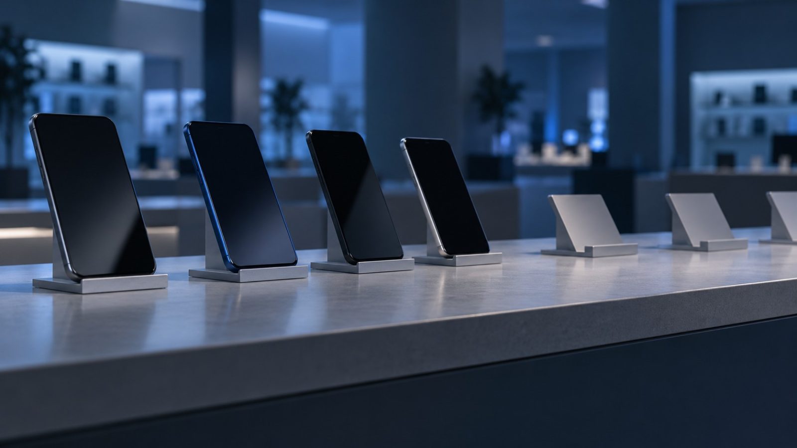 Smartphone su un banco espositivo, immagine illustrativa creata con IA