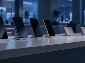 Smartphone su un banco espositivo, immagine illustrativa creata con IA