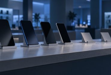 Smartphone su un banco espositivo, immagine illustrativa creata con IA