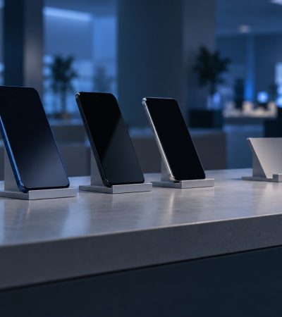 Smartphone su un banco espositivo, immagine illustrativa creata con IA