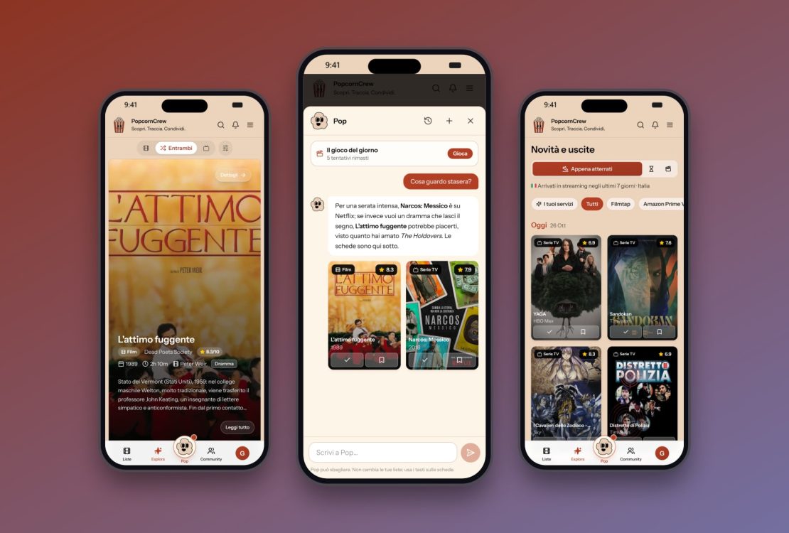PopcornCrew: tre schermate dell'app su iPhone con scheda di un film, assistente Pop e sezione Novità e uscite
