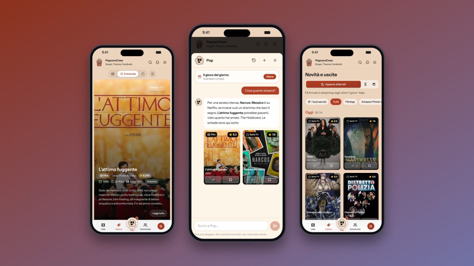 PopcornCrew: tre schermate dell'app su iPhone con scheda di un film, assistente Pop e sezione Novità e uscite