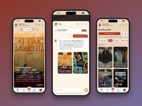 PopcornCrew: tre schermate dell'app su iPhone con scheda di un film, assistente Pop e sezione Novità e uscite