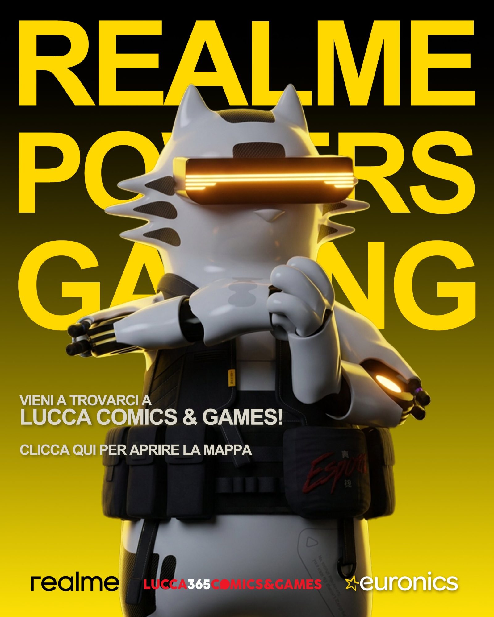 Grafica realme per Lucca Comics & Games 2026 con mascotte e loghi dei partner