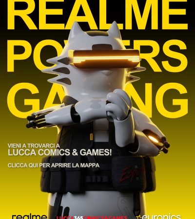 Grafica realme per Lucca Comics & Games 2026 con mascotte e loghi dei partner
