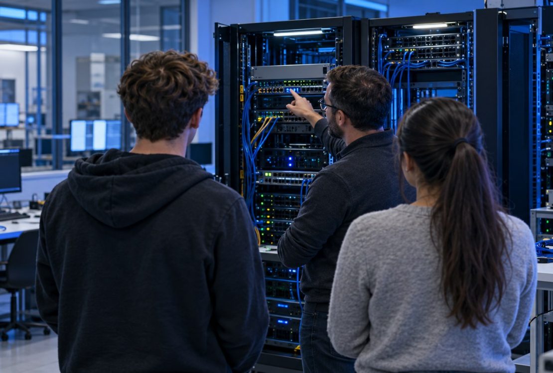 Illustrazione di studenti e docente in un laboratorio con server rack, generata con IA