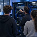 Illustrazione di studenti e docente in un laboratorio con server rack, generata con IA