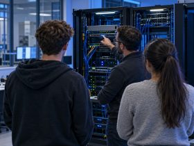 Illustrazione di studenti e docente in un laboratorio con server rack, generata con IA