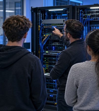 Illustrazione di studenti e docente in un laboratorio con server rack, generata con IA
