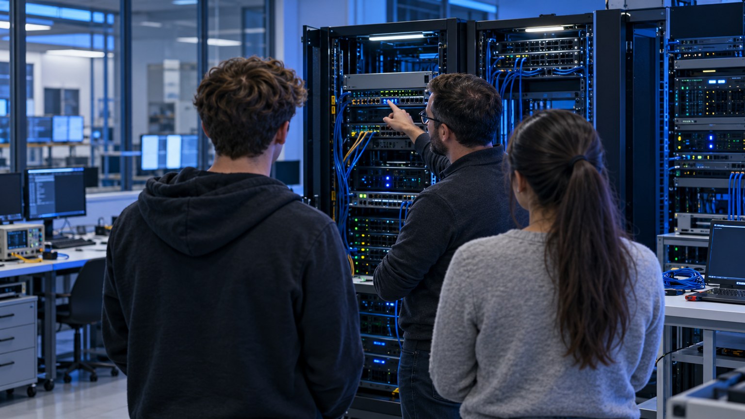Illustrazione di studenti e docente in un laboratorio con server rack, generata con IA