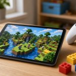 Tablet con un videogioco a blocchi e un controller