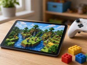 Tablet con un videogioco a blocchi e un controller