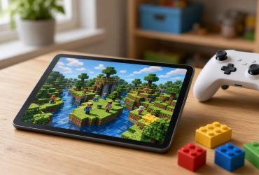 Tablet con un videogioco a blocchi e un controller
