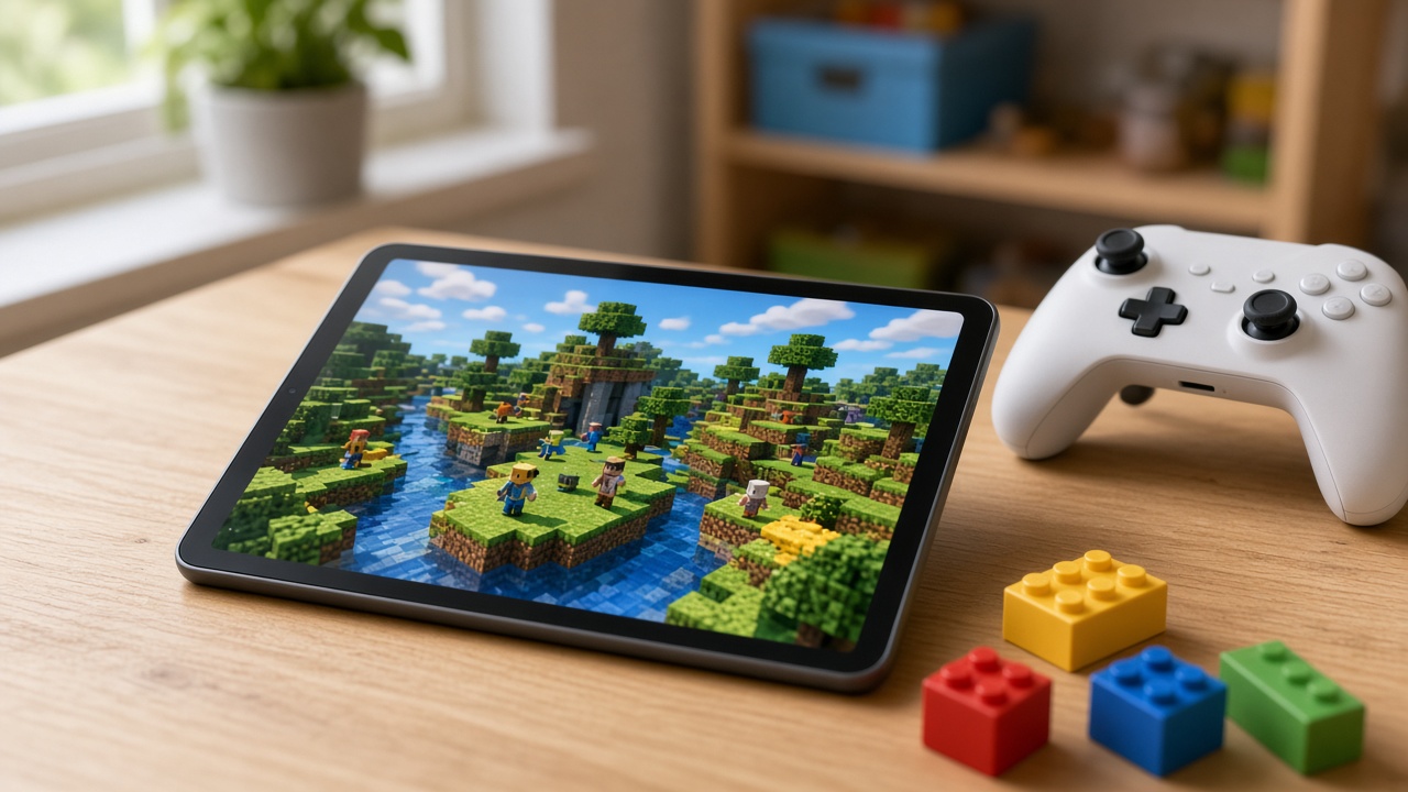 Tablet con un videogioco a blocchi e un controller
